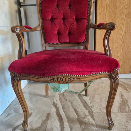 Vintage Louis XV armchair used, carved wood and red velvet