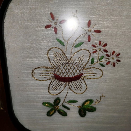 Wooden tray with handmade vintage embroidery used, glass top and two handles