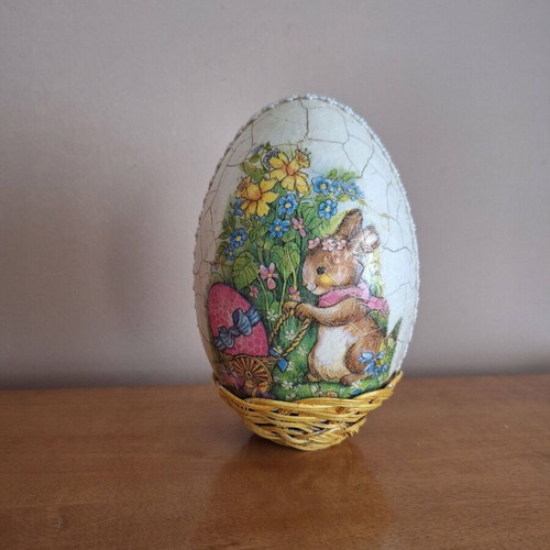 Large handmade Easter egg decoupage with decorative trim and crackle effect