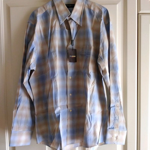 Poli Gianni men's long-sleeve shirt new, XL, beige and blue checkered