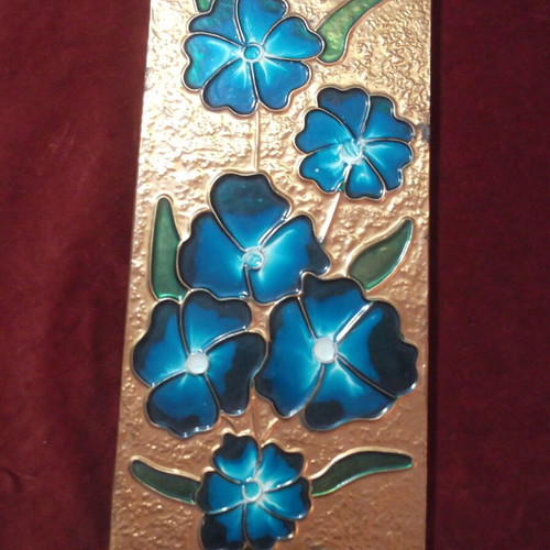 Chalcography wall art used, handmade floral copper plaque on wood