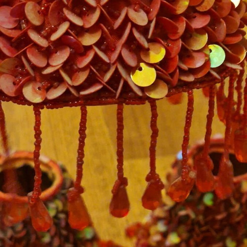 Vintage lampshades pack of 5 with red iridescent sequins and bead fringes used