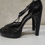 Stuart Weitzman black patent leather high heel sandals