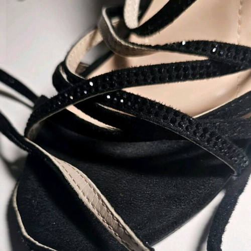 Strappy sandals new with high heel, rhinestones and long strap