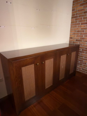 Oak buffet with double cabinets and intricate rattan design, new