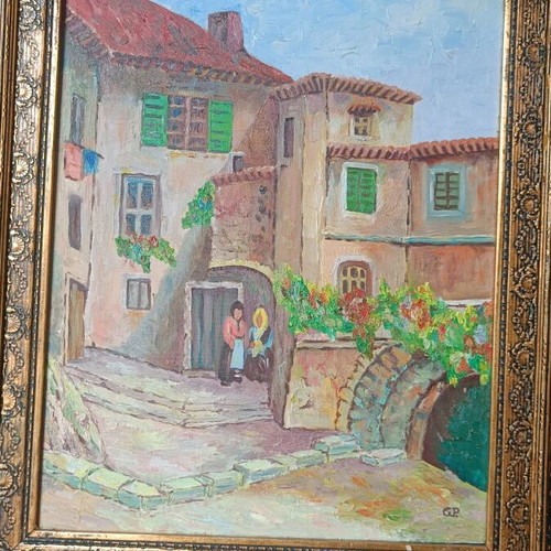 Painting used with traditional village in wooden frame