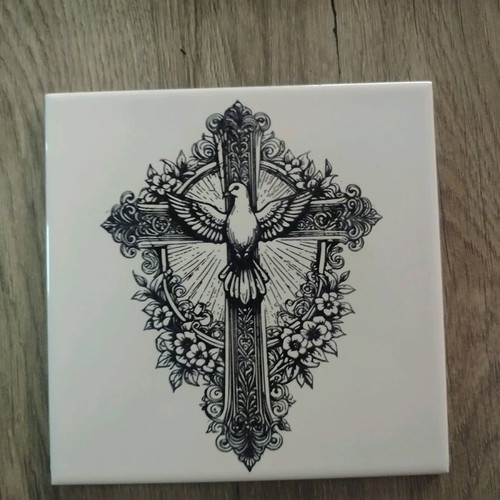 Ceramic tile with cross and Holy Spirit engraving new 15x15 cm