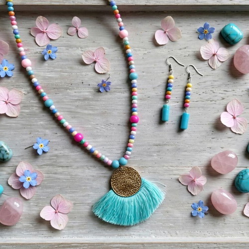 Colorful Tassel Long Necklace and Earrings Set new