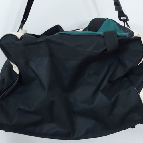 Travel bag large with central and side pockets used, black beige green