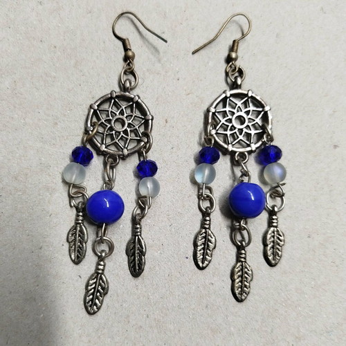 Earrings new with blue beads and feather charms
