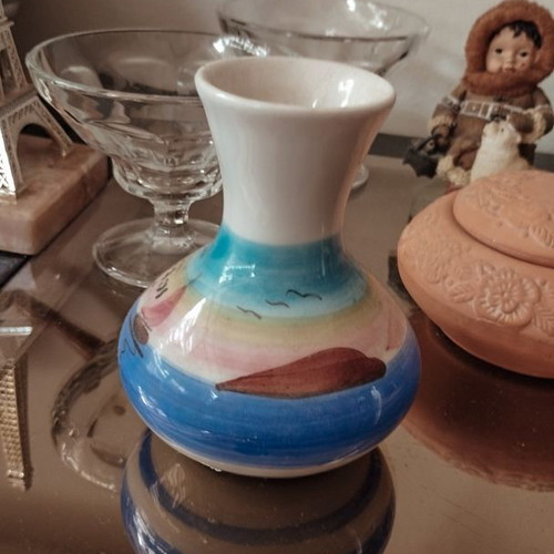 Small decorative ceramic vase with painted Milos landscape like new