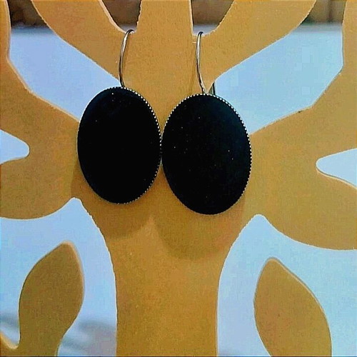 Handmade steel oval earrings with black iridescent liquid glass new