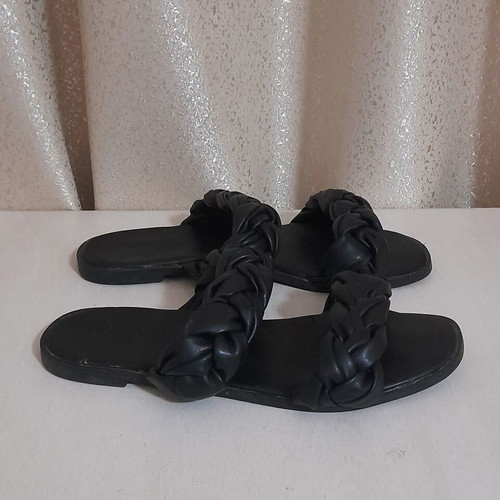 Slippers black leather women's used, size 36, braided straps