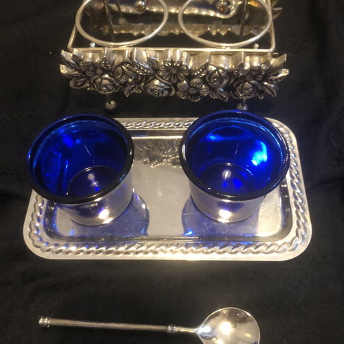 Vintage Art Nouveau salt and pepper set with cobalt blue glass, like new