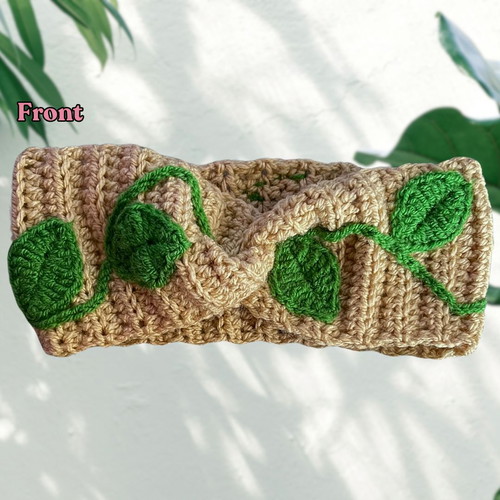 Forest Fairy handmade warm ear warmer headband new, beige with green leaves