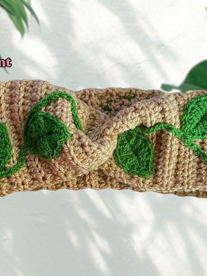 Forest Fairy handmade warm ear warmer headband new, beige with green leaves
