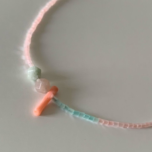 Handmade necklace with amazonite, coral, glass beads and stainless steel closure new, pink and turquoise