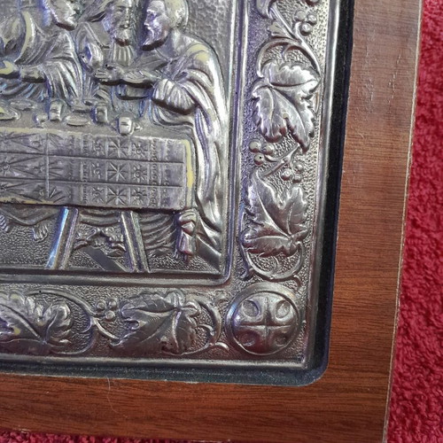 Last Supper silver icon used, 950 silver with wooden base