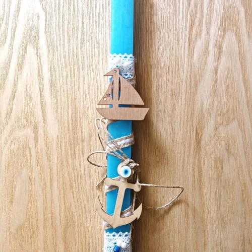Handmade boat and anchor candle new, blue with wooden details