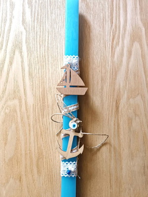 Handmade boat and anchor candle new, blue with wooden details