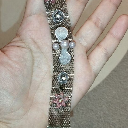 Wide mesh bracelet 2cm with romantic flowers & pearls, silver/pink