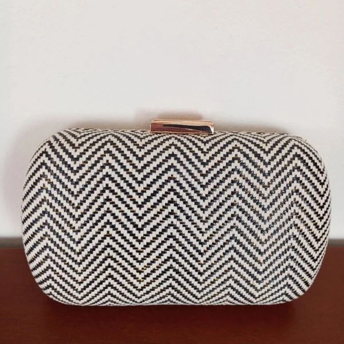 Clutch bag with hard frame, new, black and gold chevron pattern