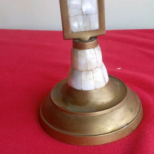 Brass tabletop cross like new with mother of pearl decorations