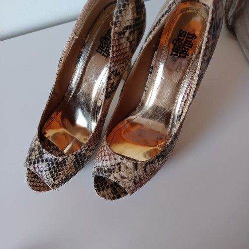 SugarFree peep toe heels used, size 38, snake pattern, beige multicolor