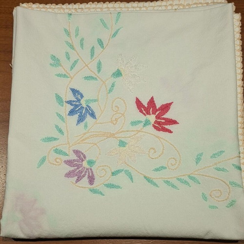 Vintage tablecloth with multicolored embroidered flowers, 133x128 cm