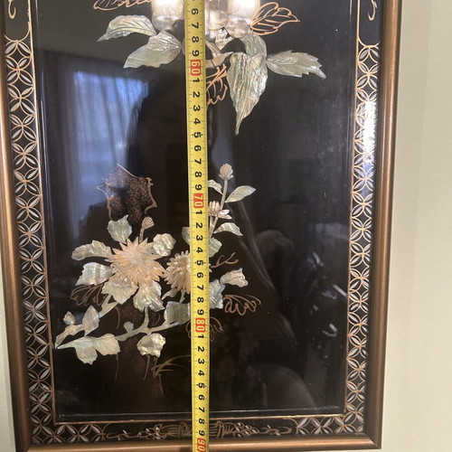 Vintage Chinese lacquer panel Birds & Flowers used decorative art