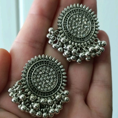 Mandala women's earrings new, oxidized silver finish, steel with moving beads