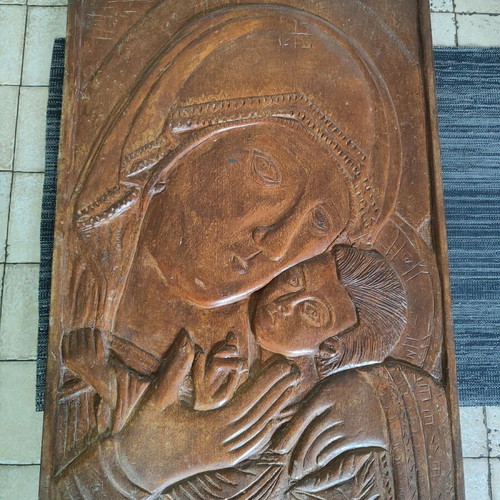 Huge wooden carved icon of the Virgin Mary with Christ