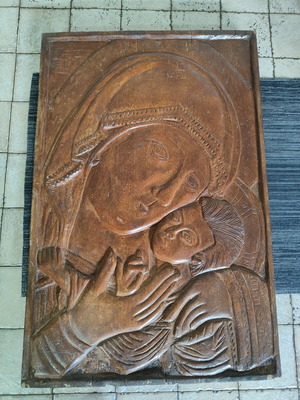 Huge wooden carved icon of the Virgin Mary with Christ