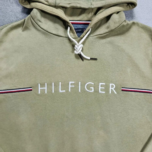 Tommy Hilfiger Olive Green Embroidered Spellout Hoodie Size XL Like New