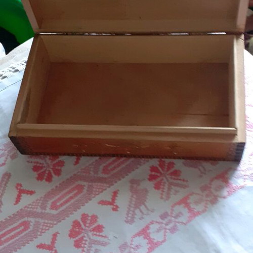 Vintage wooden box with soldier pyrography, used