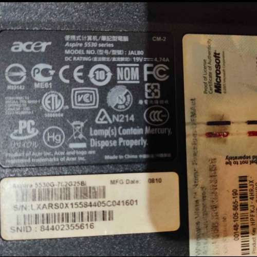 Acer Aspire 5530 series laptop used, for parts, needs power supply