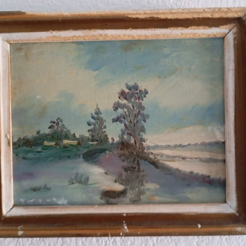 Retro landscape oil painting used, impressionist style with river and trees