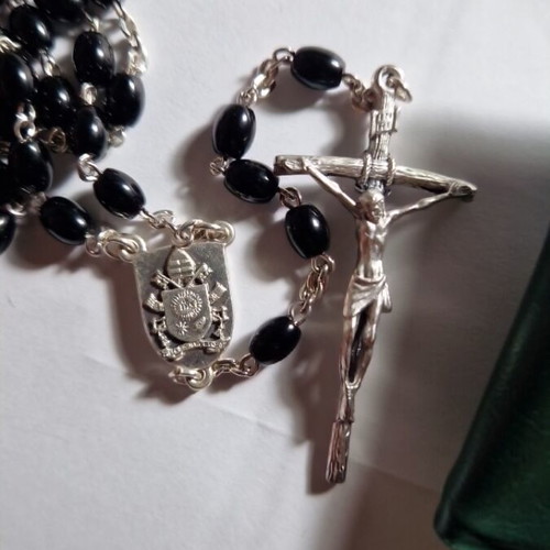Pastoral Cross Rosary Set with Vatican Pouch, New, Black Italian-Made