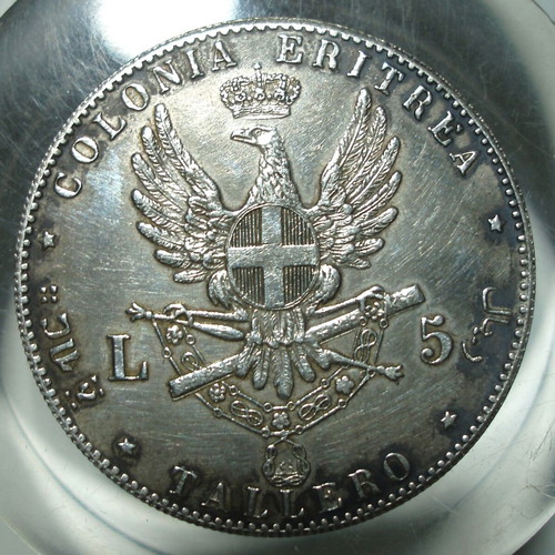 5 Lire 1891 coin used, Umberto I, Italian Eritrea