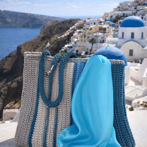 Santorini Breeze Handmade Knitted Shoulder Bag new, beige and blue
