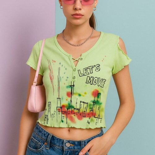 Replay Y2K Lime Ribbed Graphic Top XS Like New
