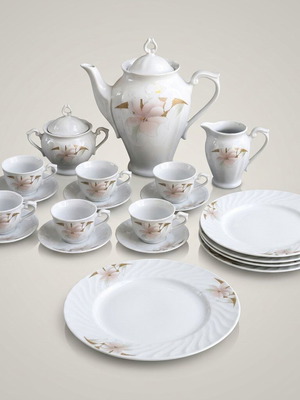 Porcelain serving set new with 6 cups, plates and teapot