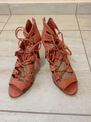 Coral high-heeled lace-up sandals boots, suede look, size 38