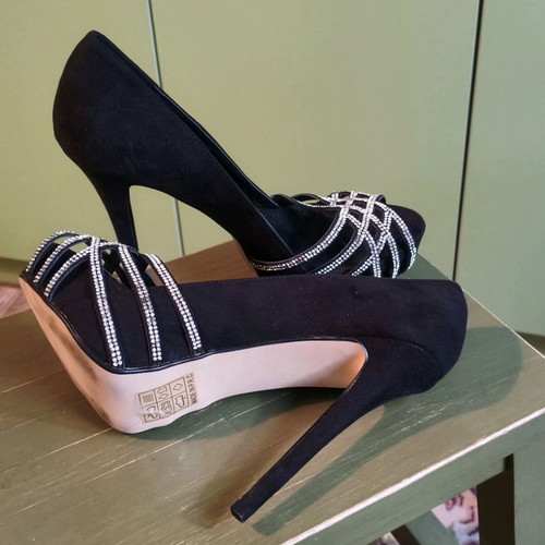 Peep toe black pumps with rhinestones, like new, size 40