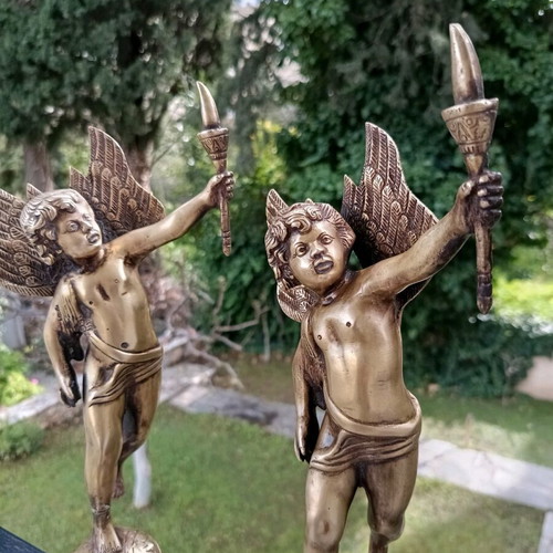 Bronze antique statues pair like new, winged angels with torches 1820