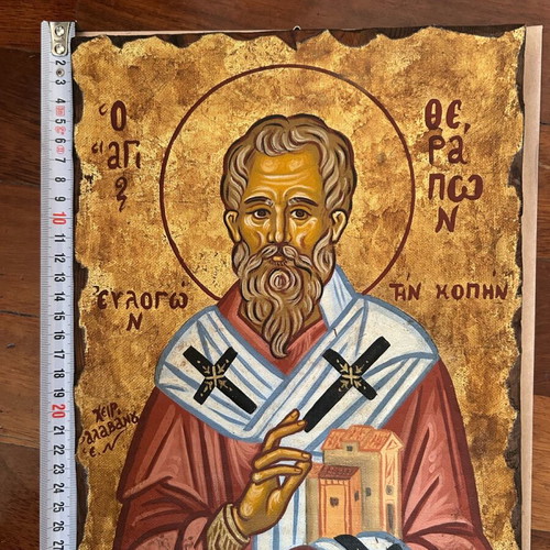 Christian image canvas on wood handmade Saint Therapon like new