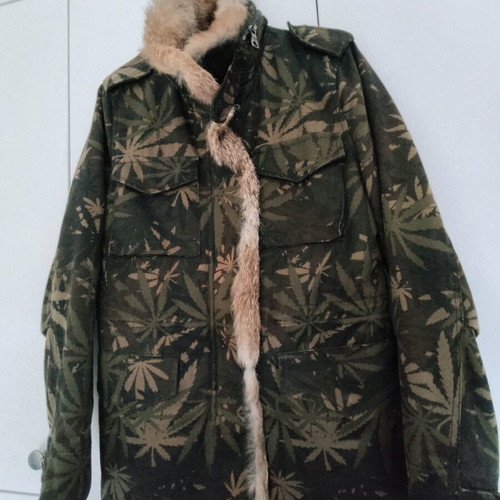 Cycle coat jacket used green khaki with natural fur collar