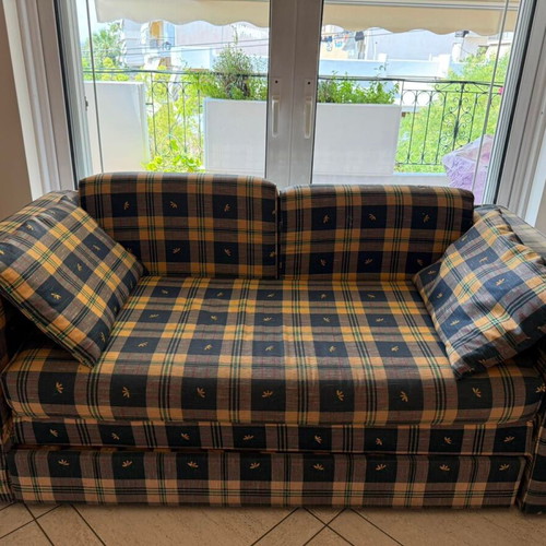 Vintage sofa bed and armchair set used, checkered fabric