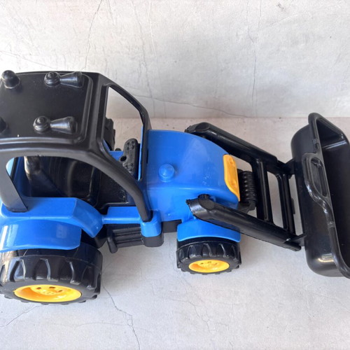 Plastic bulldozer toy used, blue and yellow
