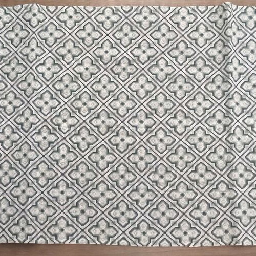 Table runner with two napkins new, white canvas with blue geometric design
